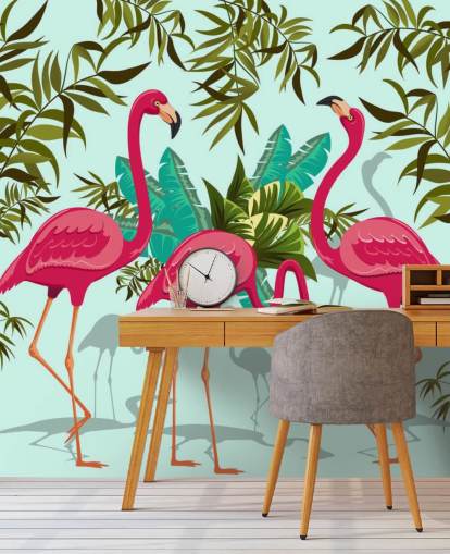 pink, blue and green customizable flamingo wall mural called Tropical Pink Flamingos
