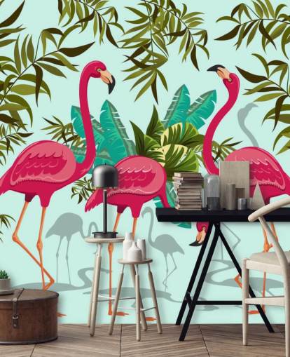 mural de pared de flamencos personalizable rosa, azul y verde llamado Tropical Pink Flamingos