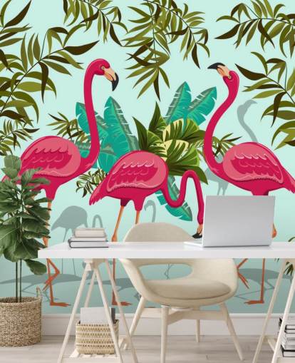 pink, blue and green customizable flamingo wall mural called Tropical Pink Flamingos