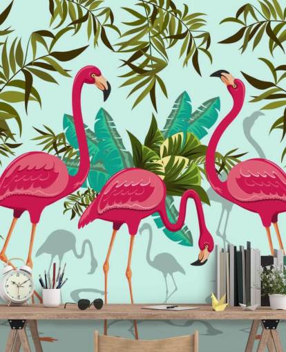 mural de pared de flamencos personalizable rosa, azul y verde llamado Tropical Pink Flamingos