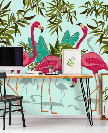mural de pared de flamencos personalizable rosa, azul y verde llamado Tropical Pink Flamingos mural de pared de flamencos personalizable rosa, azul y verde llamado Tropical Pink Flamingos