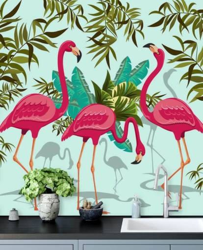 mural de pared de flamencos personalizable rosa, azul y verde llamado Tropical Pink Flamingos