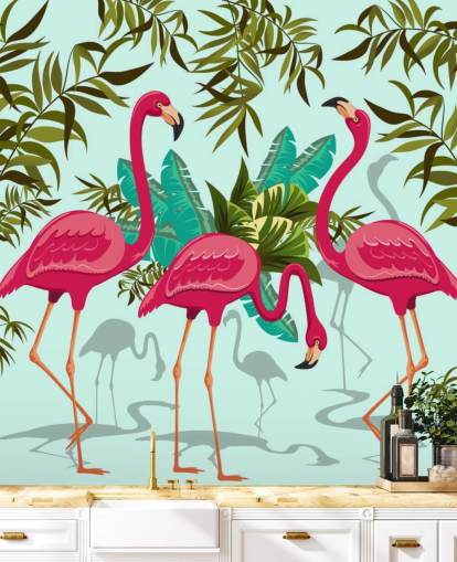 pink, blue and green customisable flamingo wall mural called Tropical Pink Flamingos pink, blue and green customisable flamingo wall mural called Tropical Pink Flamingos
