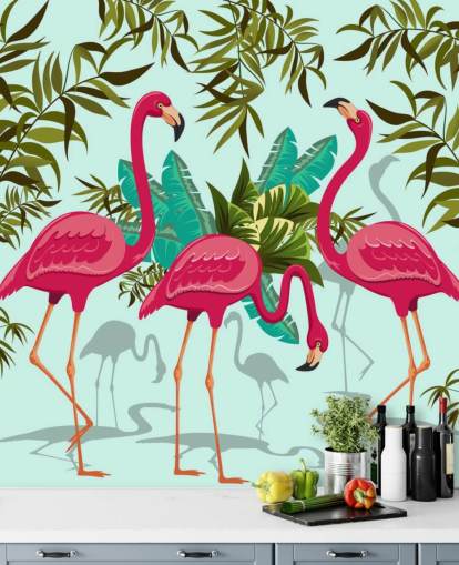 mural de pared de flamencos personalizable rosa, azul y verde llamado Tropical Pink Flamingos