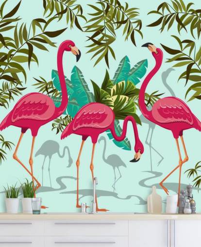 vaaleanpunainen, sininen ja vihreä muokattava flamingo seinämaalaus nimeltä Tropical Pink Flamingos vaaleanpunainen, sininen ja vihreä muokattava flamingo seinämaalaus nimeltä Tropical Pink Flamingos