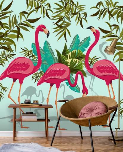 mural de pared de flamencos personalizable rosa, azul y verde llamado Tropical Pink Flamingos mural de pared de flamencos personalizable rosa, azul y verde llamado Tropical Pink Flamingos