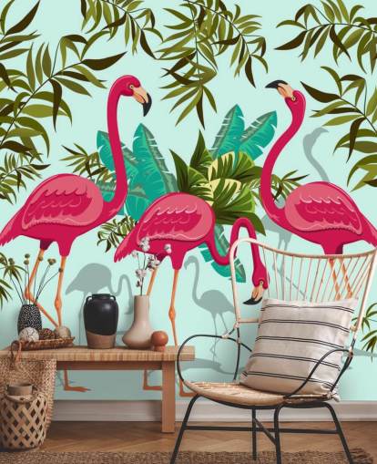 pink, blue and green customizable flamingo wall mural called Tropical Pink Flamingos pink, blue and green customizable flamingo wall mural called Tropical Pink Flamingos