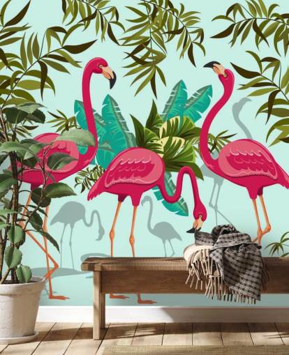 murale da parete personalizzabile con fenicotteri rosa, blu e verdi chiamato Tropical Pink Flamingos