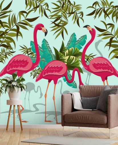 roze, blauwe en groene aanpasbare flamingo muurschildering genaamd Tropical Pink Flamingos roze, blauwe en groene aanpasbare flamingo muurschildering genaamd Tropical Pink Flamingos