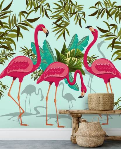 mural de pared de flamencos personalizable rosa, azul y verde llamado Tropical Pink Flamingos mural de pared de flamencos personalizable rosa, azul y verde llamado Tropical Pink Flamingos