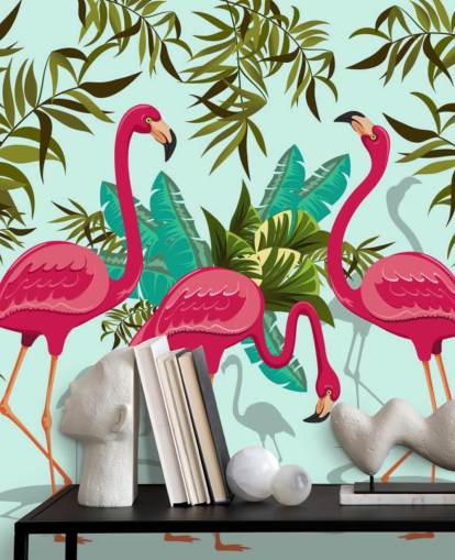 mural de pared de flamencos personalizable rosa, azul y verde llamado Tropical Pink Flamingos