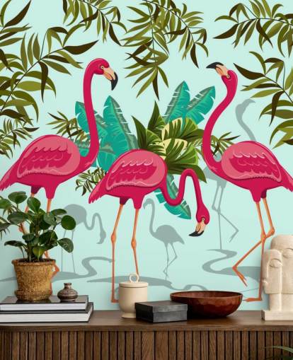 pink, blue and green customizable flamingo wall mural called Tropical Pink Flamingos pink, blue and green customizable flamingo wall mural called Tropical Pink Flamingos