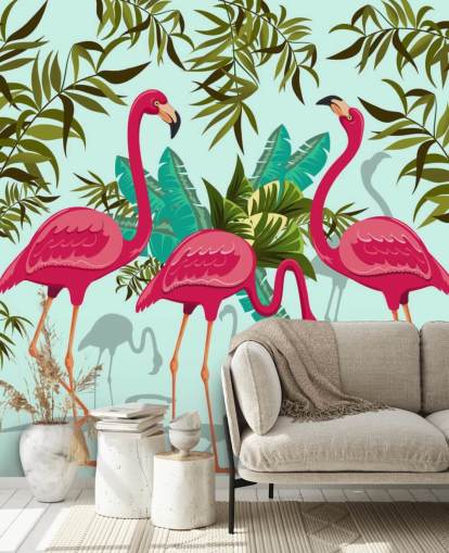 roze, blauwe en groene aanpasbare flamingo muurschildering genaamd Tropical Pink Flamingos roze, blauwe en groene aanpasbare flamingo muurschildering genaamd Tropical Pink Flamingos