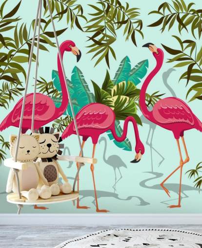 rosa, blå og grønn tilpassbar flamingo veggmaleri kalt Tropical Pink Flamingos