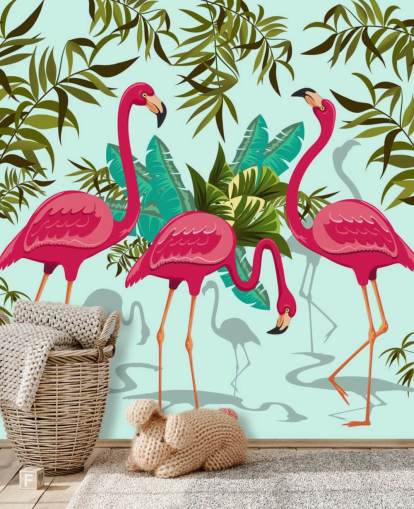 pink, blue and green customisable flamingo wall mural called Tropical Pink Flamingos pink, blue and green customisable flamingo wall mural called Tropical Pink Flamingos