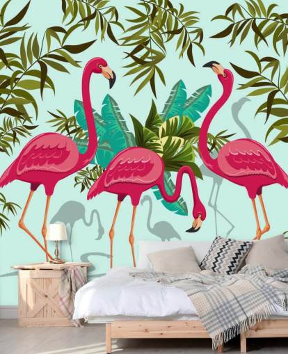 pink, blue and green customizable flamingo wall mural called Tropical Pink Flamingos pink, blue and green customizable flamingo wall mural called Tropical Pink Flamingos