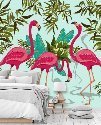 pink, blue and green customizable flamingo wall mural called Tropical Pink Flamingos