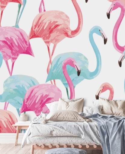 Papel pintado Flamenco azul y rosa