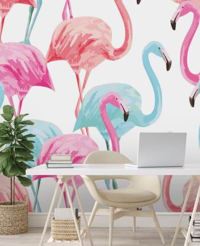 Papel pintado Flamenco azul y rosa