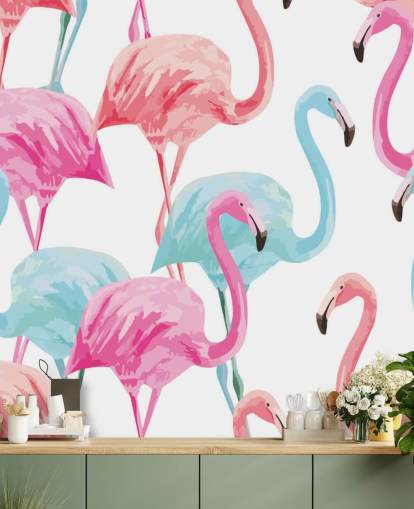 Papel pintado Flamenco azul y rosa