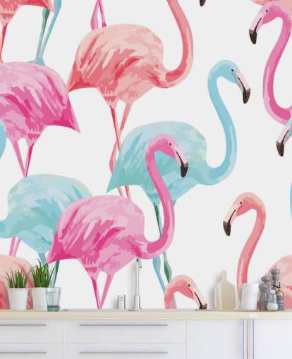 Papel pintado Flamenco azul y rosa