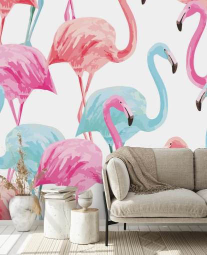 Papel pintado Flamenco azul y rosa