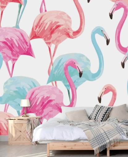 Blaue und rosa Flamingo-Tapete