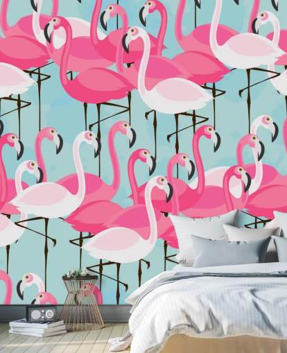 Papier Peint Flamant Rose et Blanc