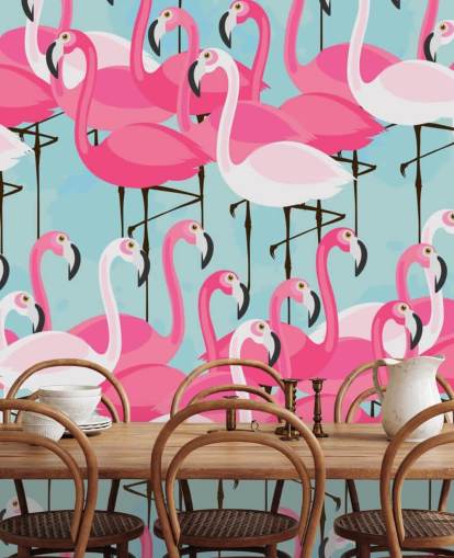 Roze en wit flamingo-behang