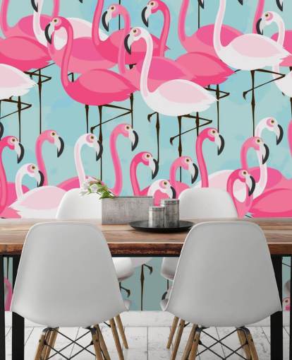 Papel de Parede Flamingo Rosa e Branco