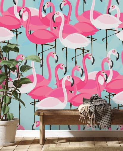 Roze en wit flamingo-behang
