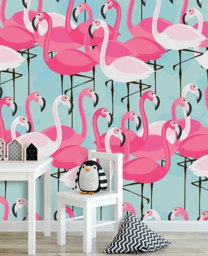 Roze en wit flamingo-behang Roze en wit flamingo-behang