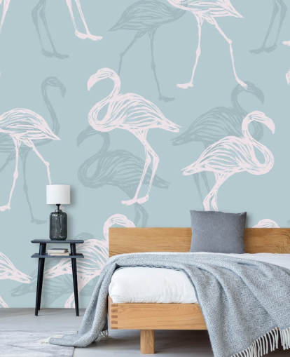 Blauw flamingo behang