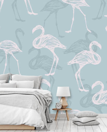 Blauw flamingo behang