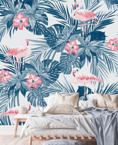 Papel de Parede Flamingo Azul e Rosa