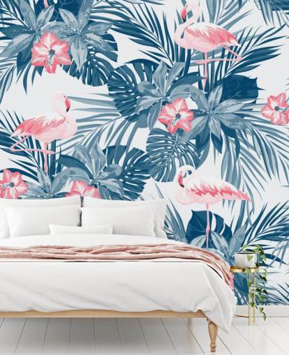Papel de Parede Flamingo Azul e Rosa