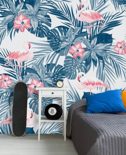 Blauw en roze flamingo-behang