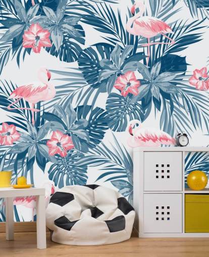 Blaue und rosa Flamingo-Tapete