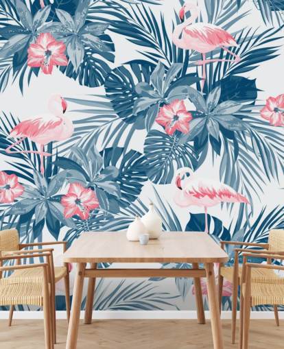 Blauw en roze flamingo-behang