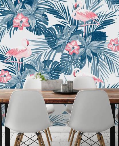Papel Pintado Flamencos Azul y Rosa
