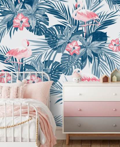 Papel Pintado Flamencos Azul y Rosa