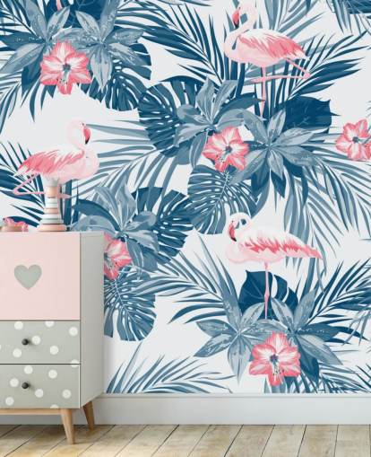 Blaue und rosa Flamingo-Tapete