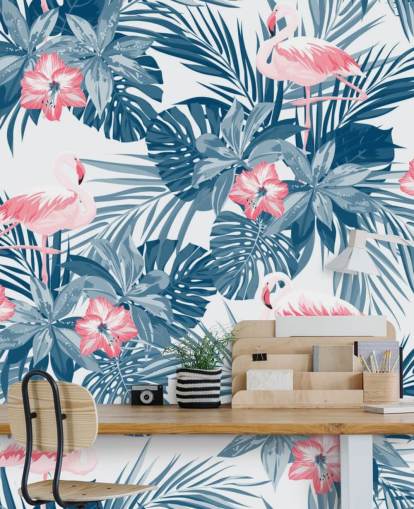 Blaue und rosa Flamingo-Tapete