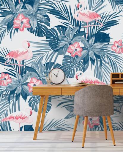 Papel Pintado Flamencos Azul y Rosa