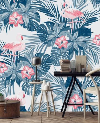 Blauw en roze flamingo-behang