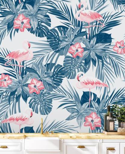 Papel Pintado Flamencos Azul y Rosa