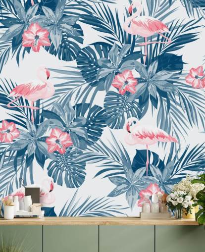 Papel Pintado Flamencos Azul y Rosa Papel Pintado Flamencos Azul y Rosa