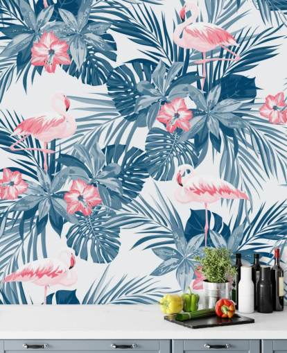 Papel Pintado Flamencos Azul y Rosa