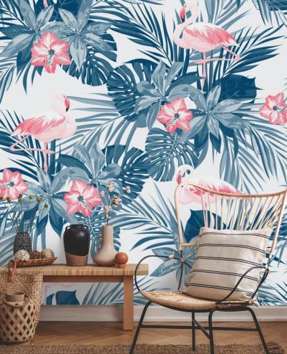 Papel Pintado Flamencos Azul y Rosa