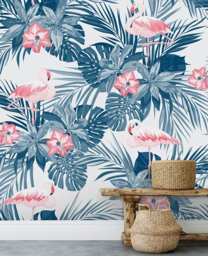 Papel de Parede Flamingo Azul e Rosa